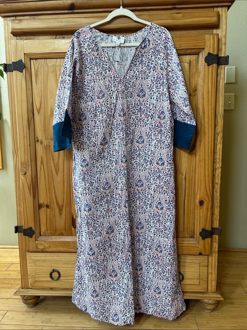 Pomegranate Boho Paisley Maxi Caftan Dress with Teal Cuffs 100% Cotton